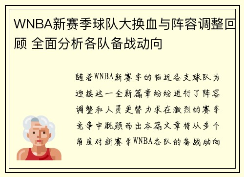 WNBA新赛季球队大换血与阵容调整回顾 全面分析各队备战动向